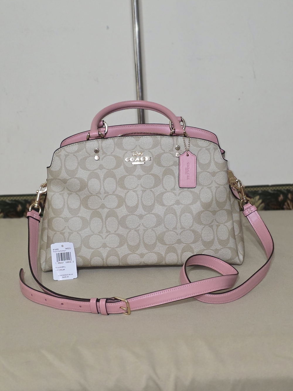 COACH Lillie Carryall Signature Satchel with Pink Trim